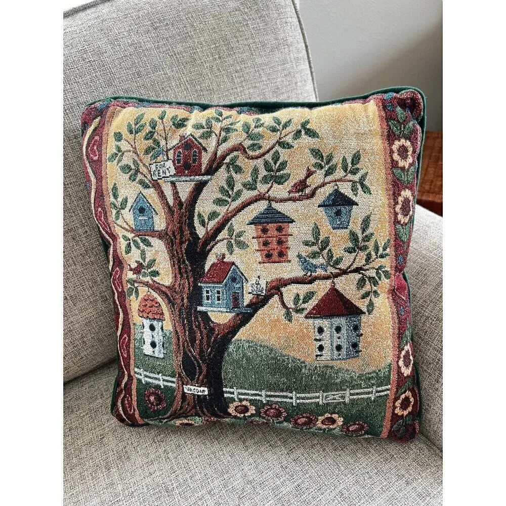 Bird Houses Tapestry Throw Pillow Country Cottage Farmhouse Rustic Decorative